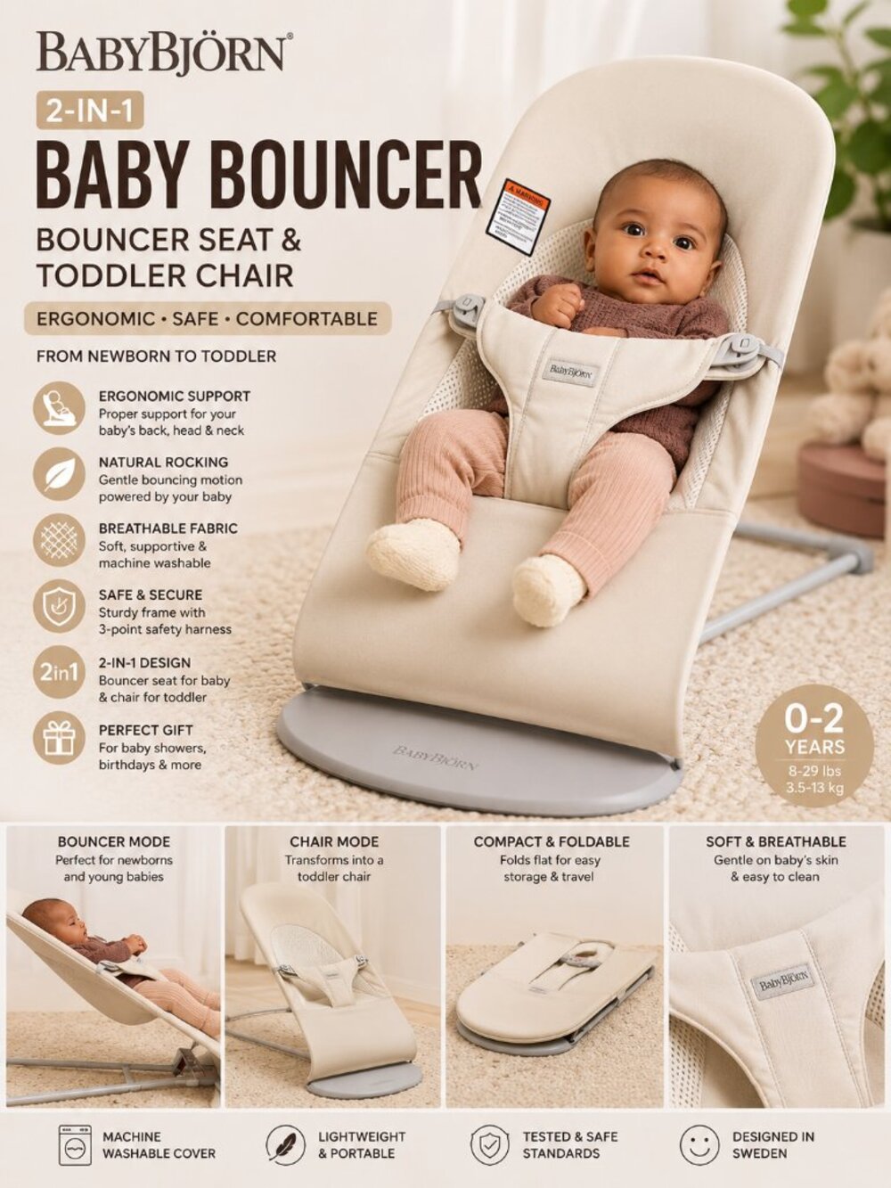 NWB BabyBjörn Baby Bouncer Seat & Toddler Chair 2-in-1 Ergonomic Portable
